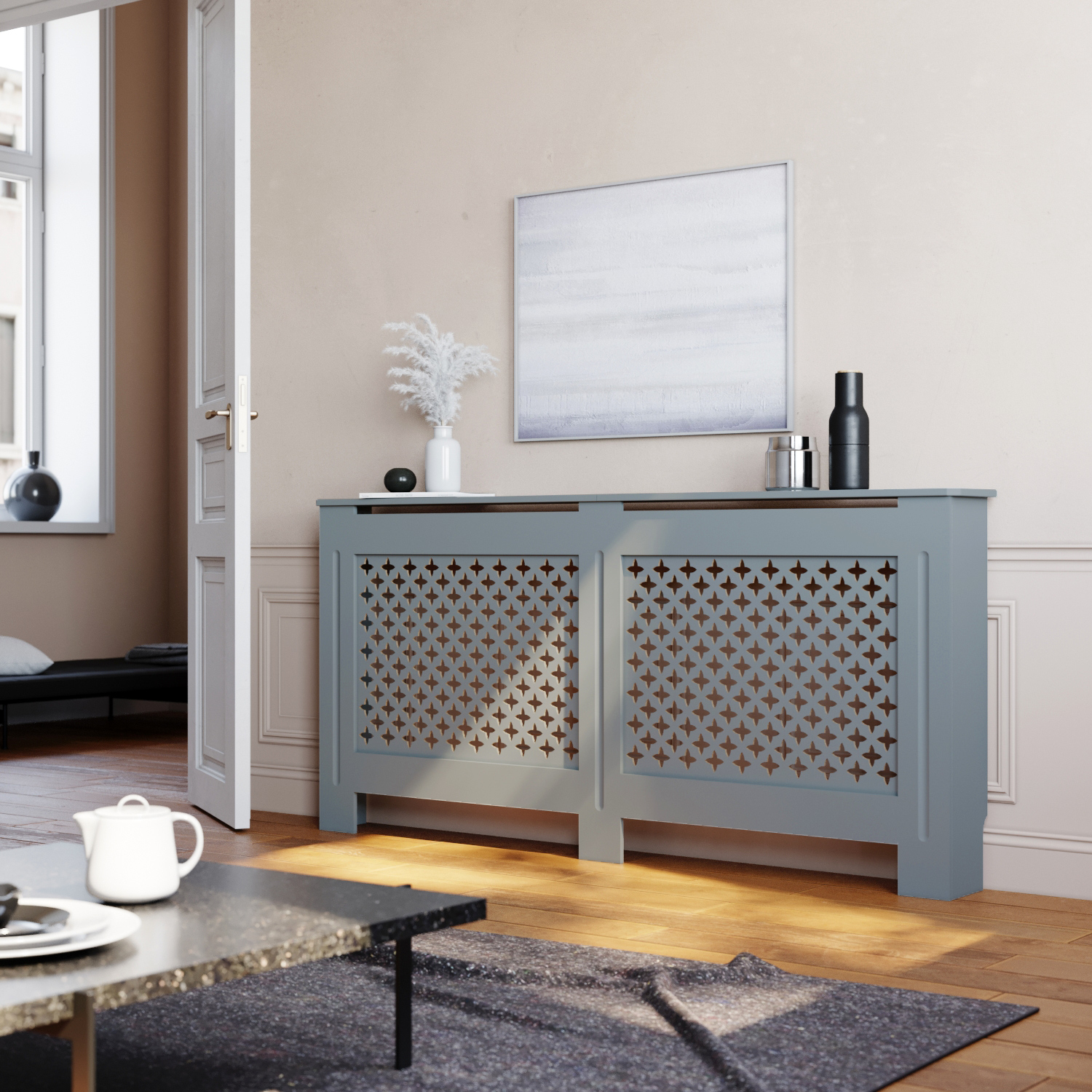 Extra Large Radiator Cover Modern Grey Painted Cross Grill Wood Wall